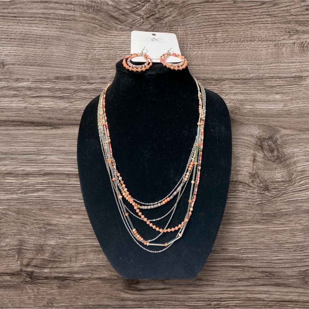 C & B multi layered 24 inch necklace and fishhook earrings coral orange …